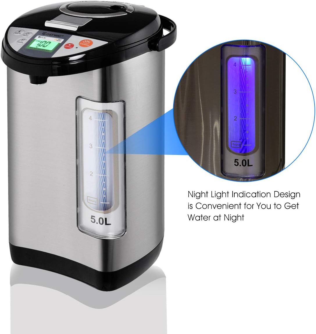 Costway Instant Electric Hot Water Boiler and Warmer, 5-Liter LCD Water Pot with 5 Stage Temperature Settings, Safety Lock to Prevent Spillage, Stainless Steel Hot Water Dispenser - Image 5
