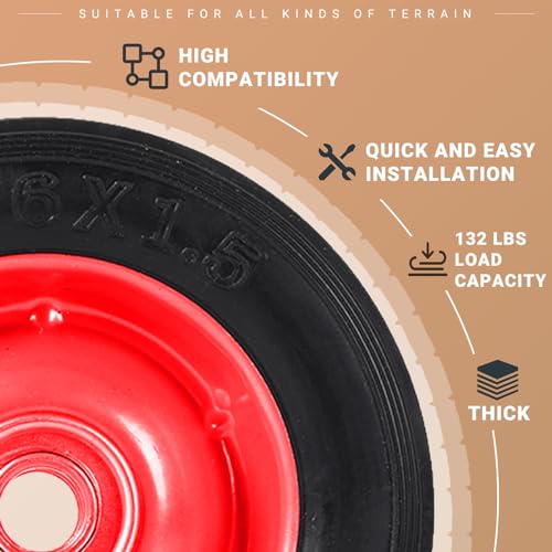 (2-Pack) AR-PRO 6?? x 1.5?? Flat Free Solid Rubber Wheel Assemblies – Replacement Hand Truck Wheels with Ball Bearings and 5/8?? Bore Hole Diameter – Heavy-Duty Solid Rubber Wheels 132 lbs Load Capacity - Image 3